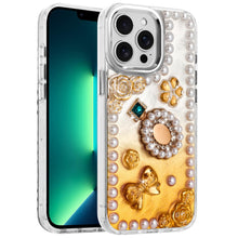For iPhone 13 Pro Max Case Floral and Faux Pearl Trim with 3D Charms Bling Cover