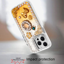 For iPhone 13 Pro Max Case Floral and Faux Pearl Trim with 3D Charms Bling Cover