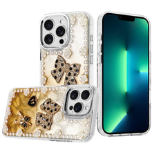 For iPhone 13 Pro Max Case Floral and Faux Pearl Trim with 3D Charms Bling Cover