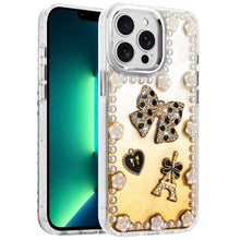 For iPhone 13 Pro Max Case Floral and Faux Pearl Trim with 3D Charms Bling Cover
