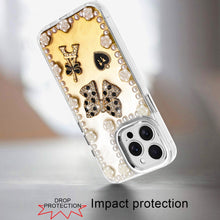 For iPhone 13 Pro Max Case Floral and Faux Pearl Trim with 3D Charms Bling Cover