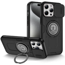 For iPhone 15 Pro Max Case Sliding Lens Cover Metal Ring Stand +2 Tempered Glass