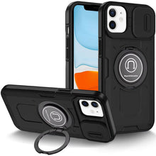 For iPhone 11 6.1 in. Case Sliding Lens Cover Metal Ring Stand + Tempered Glass