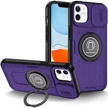 For iPhone 11 6.1 in. Case Sliding Lens Cover Metal Ring Stand + Tempered Glass