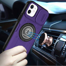 For iPhone 11 6.1 in. Case Sliding Lens Cover Metal Ring Stand + Tempered Glass