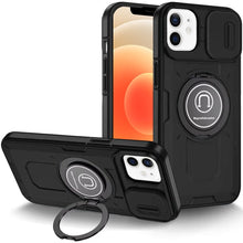 For iPhone 12/12 Pro Case Sliding Lens Cover Metal Ring Stand + Tempered Glass