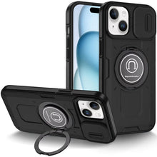 For iPhone 15 Case Sliding Camera Lens Cover Metal Ring Stand + 2 Tempered Glass