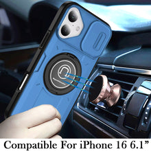 For iPhone 16 6.1inch Case Sliding Lens Cover Metal Ring Stand + Tempered Glass