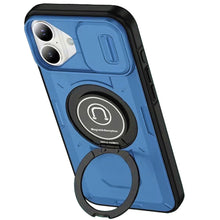 For iPhone 16 6.1inch Case Sliding Lens Cover Metal Ring Stand + Tempered Glass