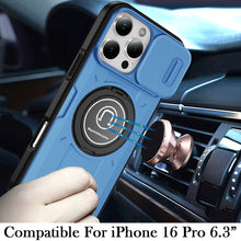 For iPhone 16 Pro 6.3in Case Sliding Lens Cover Metal Ring Stand +Tempered Glass