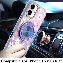 For iPhone 16 Plus 6.7in Case Printed Magnetic Bling Ring Stand + Tempered Glass