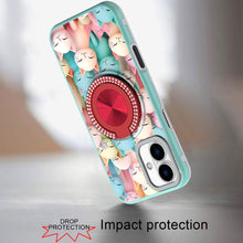 For iPhone 16 Plus 6.7in Case Printed Design w/ Bling 360 Stand + Tempered Glass