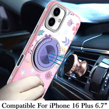 For iPhone 16 Plus 6.7in Case Printed Magnetic Bling Ring Stand + Tempered Glass