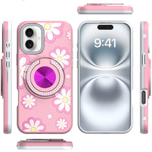 For iPhone 16 Plus 6.7in Case Printed Magnetic Bling Ring Stand + Tempered Glass