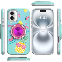 For iPhone 16 Plus 6.7in Case Printed Magnetic Bling Ring Stand + Tempered Glass