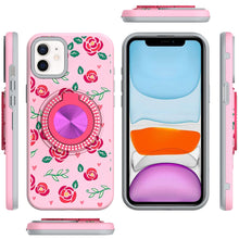 For iPhone 11 6.1 in. Case Printed Design with Bling 360 Stand + Tempered Glass