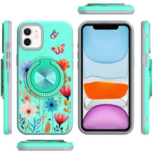 For iPhone 11 6.1 in. Case Printed Magnetic Bling Ring Stand + Tempered Glass