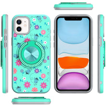 For iPhone 11 6.1 in. Case Printed Magnetic Bling Ring Stand + Tempered Glass