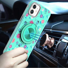 For iPhone 11 6.1 in. Case Printed Magnetic Bling Ring Stand + Tempered Glass