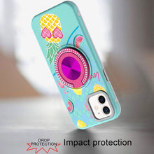 For iPhone 11 6.1 in. Case Printed Magnetic Bling Ring Stand + Tempered Glass