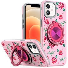 For iPhone 12/12 Pro Case Printed Magnetic Bling Ring Stand + Tempered Glass