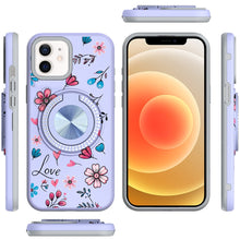 For iPhone 12/12 Pro Case Printed Magnetic Bling Ring Stand + Tempered Glass