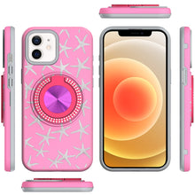 For iPhone 12/12 Pro Case Printed Magnetic Bling Ring Stand + Tempered Glass