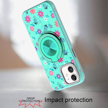 For iPhone 12/12 Pro Case Printed Magnetic Bling Ring Stand + Tempered Glass