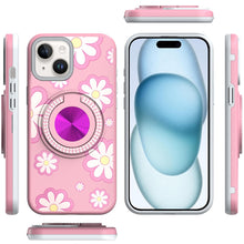For iPhone 15 Case Printed Design Magnetic Bling Ring Stand + 2 Tempered Glass