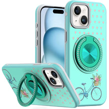 For iPhone 15 Case Printed Design with Bling 360 Stand Cover + 2 Tempered Glass
