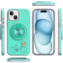 For iPhone 15 Case Printed Design with Bling 360 Stand Cover + 2 Tempered Glass