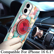 For iPhone 16 6.1inch Case Printed Magnetic Bling Ring Stand + Tempered Glass