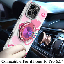 For iPhone 16 Pro 6.3in Case Printed Magnetic Bling Ring Stand + Tempered Glass