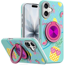 For iPhone 17 Case Printed Design with Bling 360 Rotating Stand + Tempered Glass