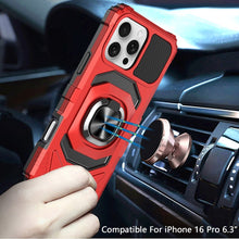 For iPhone 16 Pro 6.3in Case Dual Layer Magnetic Ring Stand + Tempered Glass