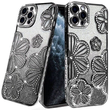 For iPhone 11 Pro Max Case Bling Floral 3D Glitter Phone Cover + Tempered Glass