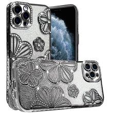 For iPhone 11 Pro Max Case Bling Floral 3D Glitter Phone Cover + Tempered Glass