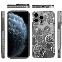 For iPhone 11 Pro Max Case Bling Floral 3D Glitter Phone Cover + Tempered Glass