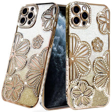 For iPhone 11 Pro Max Case Bling Floral 3D Glitter Phone Cover + Tempered Glass