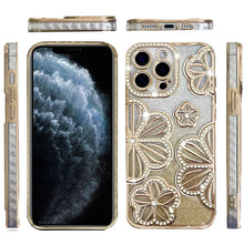 For iPhone 11 Pro Max Case Bling Floral 3D Glitter Phone Cover + Tempered Glass