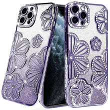 For iPhone 11 Pro Max Case Bling Floral 3D Glitter Phone Cover + Tempered Glass