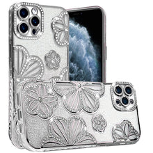 For iPhone 11 Pro Max Case Bling Floral 3D Glitter Phone Cover + Tempered Glass