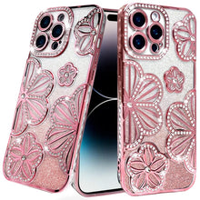 For iPhone 14 PRO MAX 6.7 in. Case Bling Floral Rhinestone 3D Glitter Cover