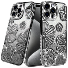 For iPhone 15 Pro Max Case Bling Floral 3D Rhinestones Glitter +2 Tempered Glass