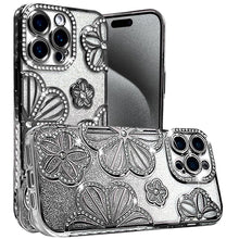 For iPhone 15 Pro Max Case Bling Floral 3D Rhinestones Glitter +2 Tempered Glass