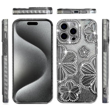 For iPhone 15 Pro Max Case Bling Floral 3D Rhinestones Glitter +2 Tempered Glass