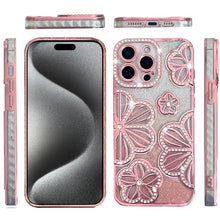 For iPhone 15 Pro Max Case Bling Floral 3D Rhinestones Glitter +2 Tempered Glass