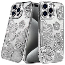 For iPhone 15 Pro Max Case Bling Floral 3D Rhinestones Glitter +2 Tempered Glass