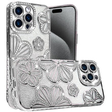 For iPhone 15 Pro Max Case Bling Floral 3D Rhinestones Glitter +2 Tempered Glass