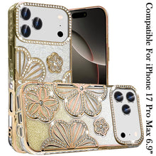 For iPhone 17 Pro Max Case Bling Floral 3D Glitter Phone Cover + Tempered Glass